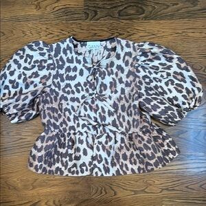 Ganni Leopard Print Puff Sleeve Top